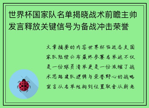 世界杯国家队名单揭晓战术前瞻主帅发言释放关键信号为备战冲击荣誉