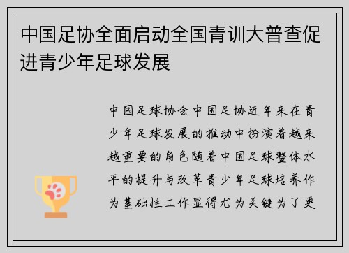 中国足协全面启动全国青训大普查促进青少年足球发展